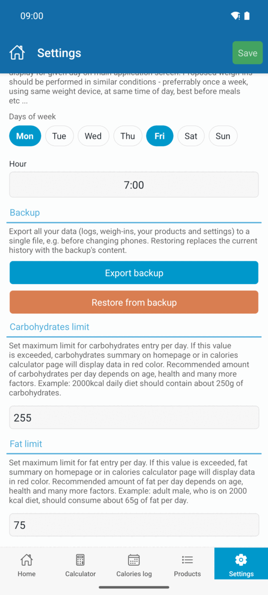 Reminder settings with days of the week and the hour, plus backup and restore buttons