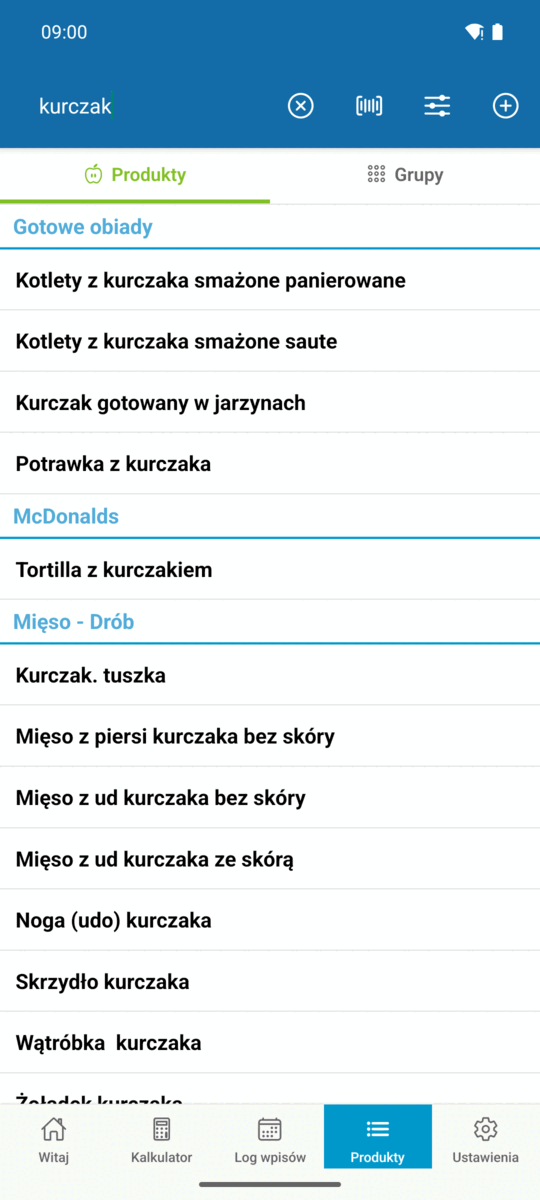 Wyszukiwanie w wbudowanej bazie produktów w Caloriatorze